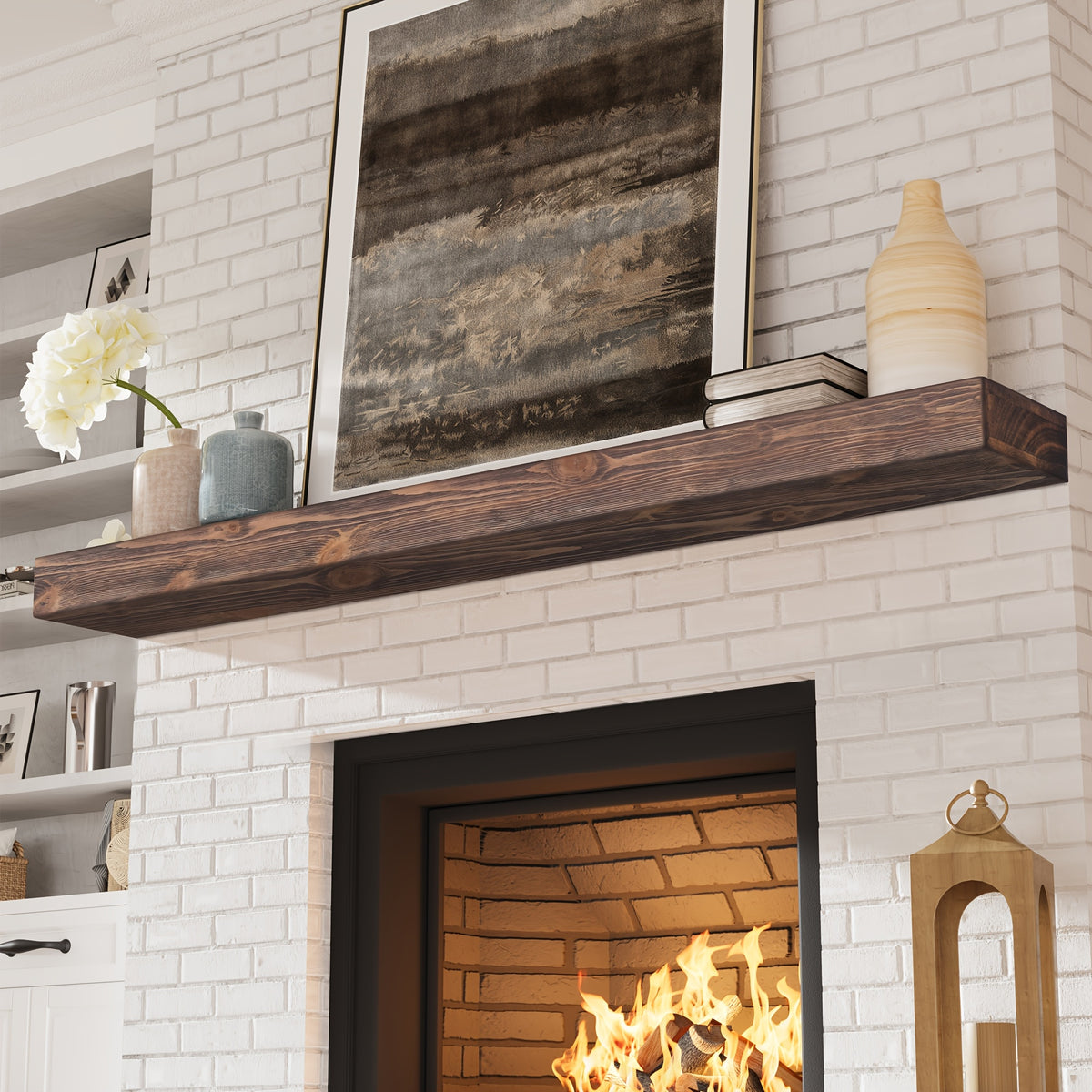 Wood Fireplace Mantel Floating Shelf – Heavy Duty Invisible Bracket | Wall Mounted Mantel for Over Fireplace | 5 Colors, 2 Lengths