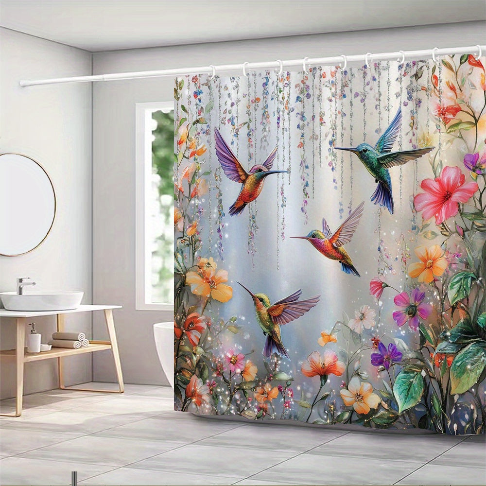 Hummingbird Floral Shower Curtain 70x70 Inch – Vibrant Iridescent Pink Orange Purple Flowers Polyester Fabric Machine Washable Nature Lover Bathroom Decor