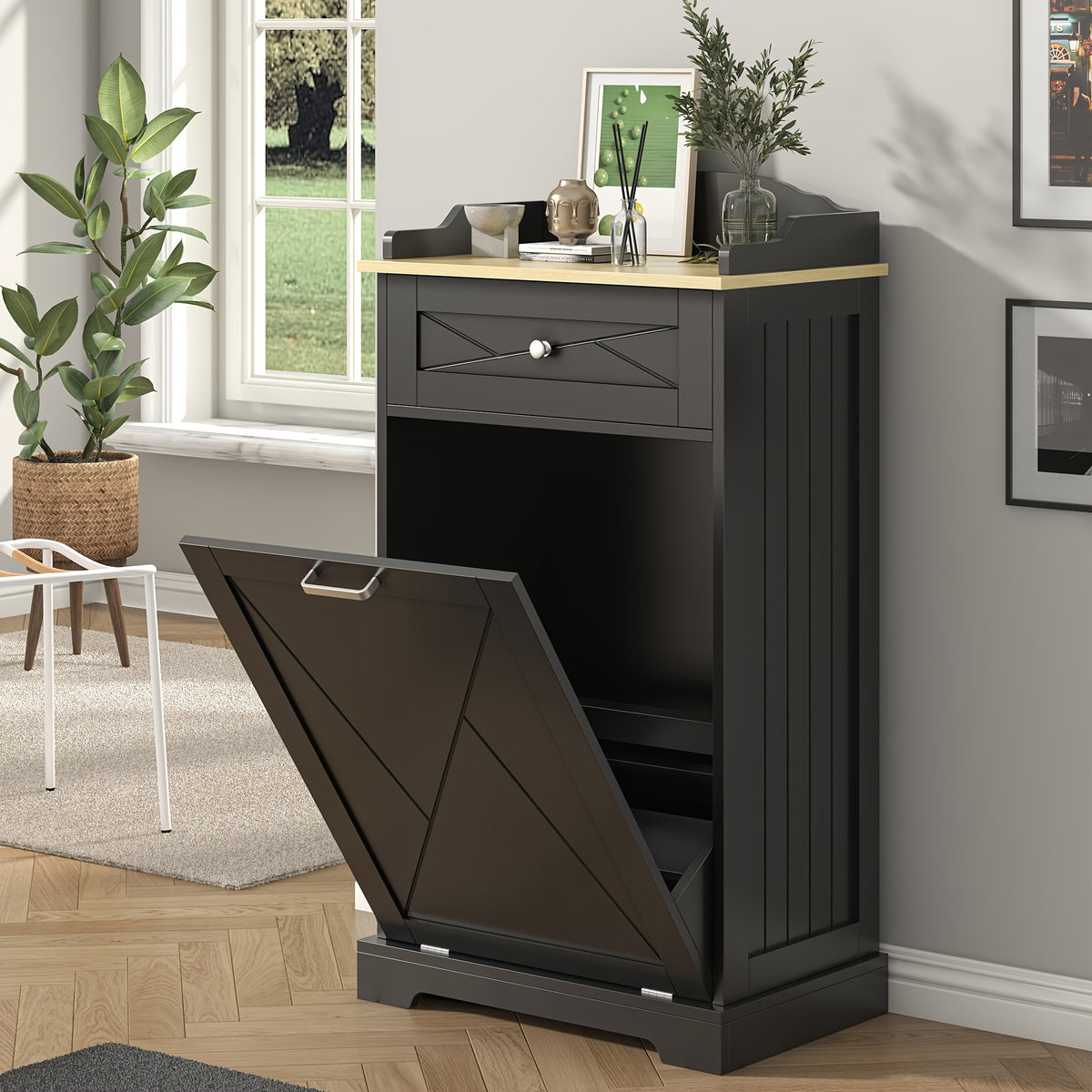 Tilt-Out Trash Can Cabinet 12 Gallon – Hidden Trash Cabinet with Drawers for Kitchen, Pantry & Laundry Room, Freestanding Kitchen Island Storage