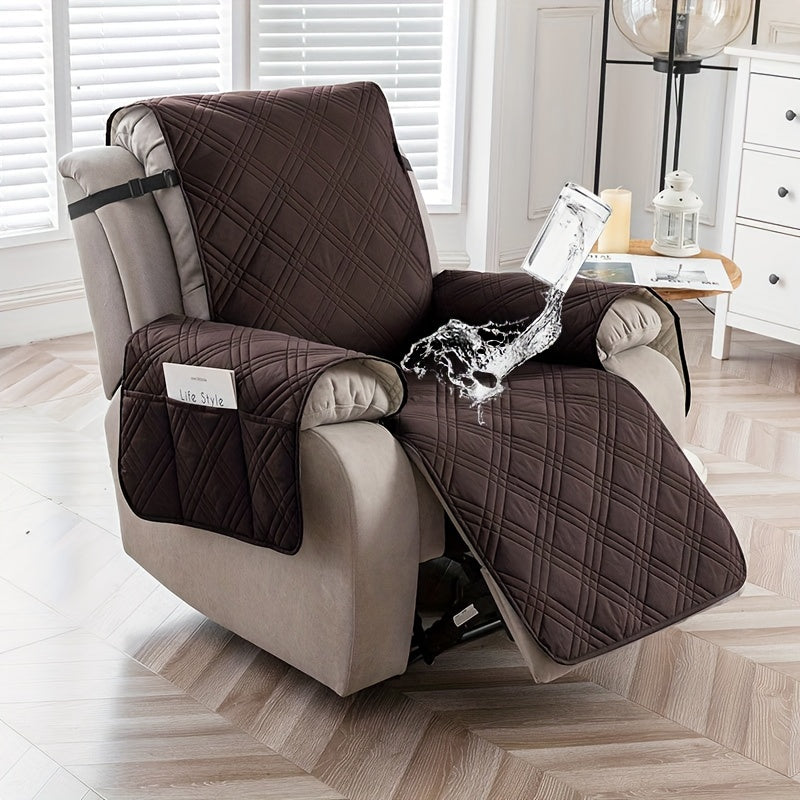 Quilted Recliner Chair Cover with Pocket Non-Slip Hook Loop Closure - 100% Polyester Washable Reclining Chair Slipcover Furniture Protector for Pets Dogs Cats, Easy Install, 9 Colors