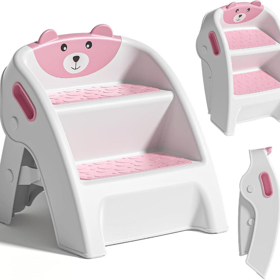 Foldable Kids Step Stool 2-Step with Non-Slip Design & Handle – Multipurpose Toddler Step Stool for Bathroom Sink, Kitchen Counter, Bedroom, Grey Pink Blue