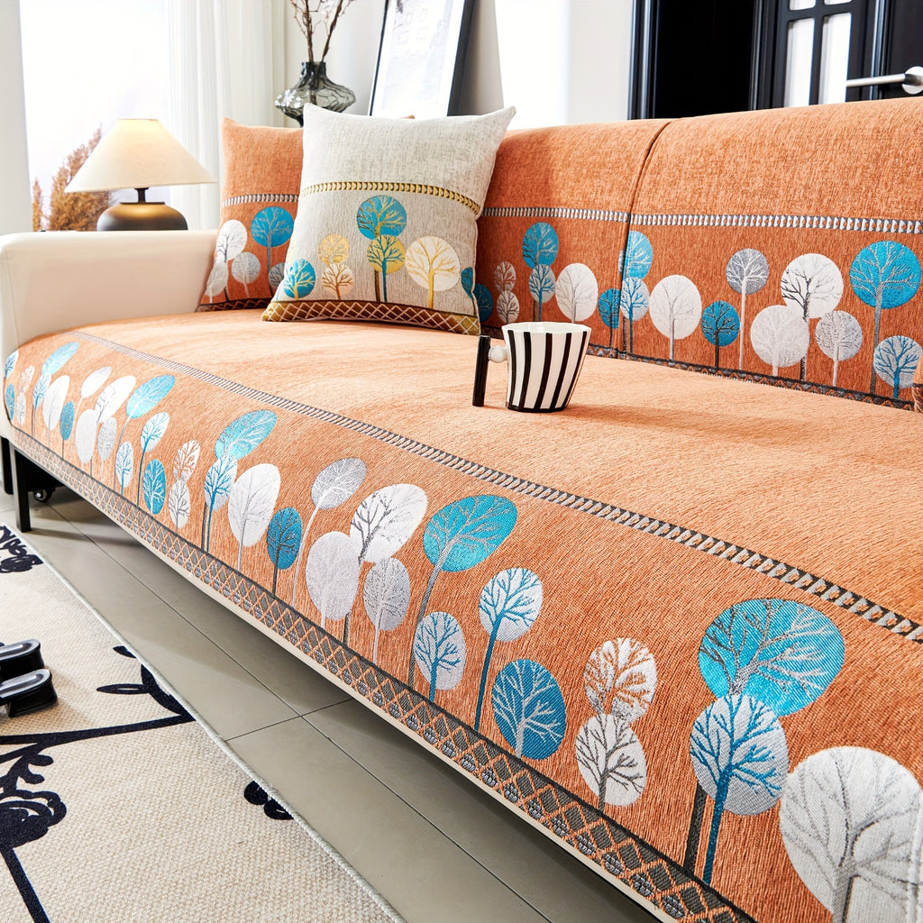 Bohemian Chenille Sofa Cover Tree Embroidery Print Thick Non-Slip Pet Friendly One-Piece Couch Protector Armchair Loveseat 3 4 Seater