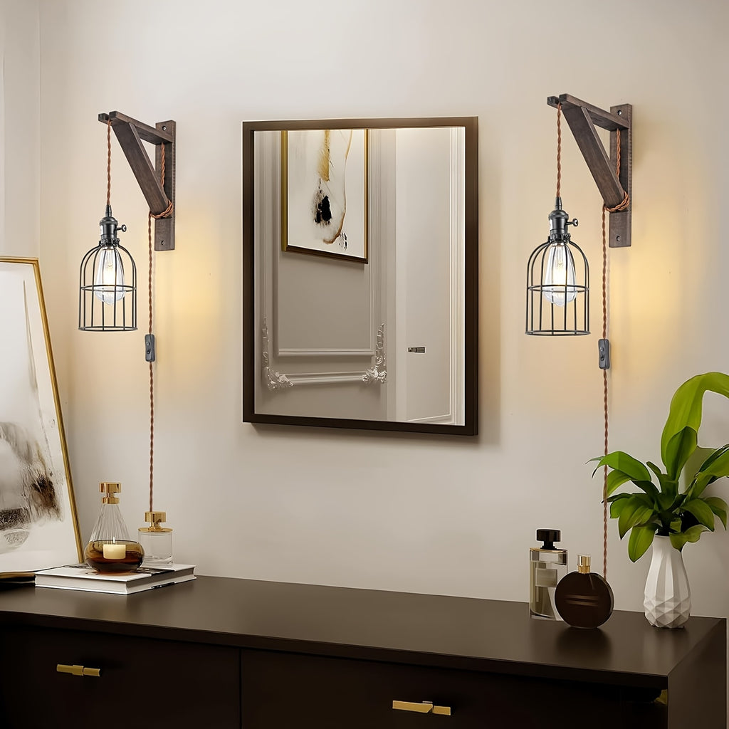 Plug-In Wall Sconces Farmhouse Rustic Metal Cage with Wooden Bracket – Hanging Lamps That Plug Into Wall Outlet for Bedroom, Living Room & Headboard – 1 or 2 Pack
