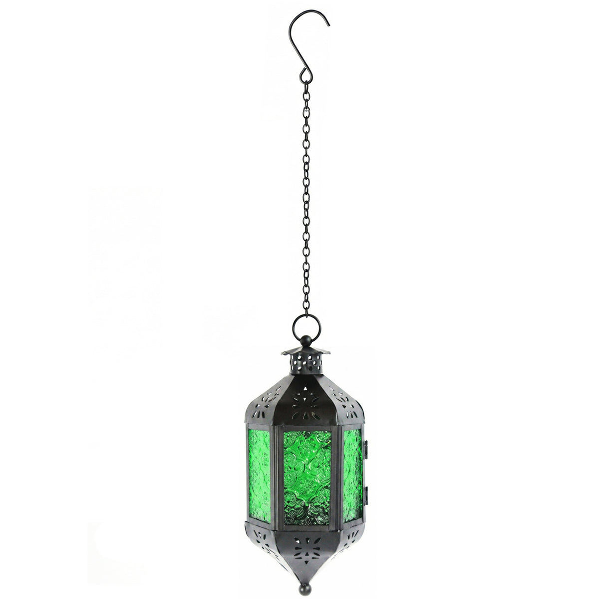 Moroccan Hanging Candle Lantern with Chain – Vintage Boho Style Iron & Glass Tealight Holder for Home, Patio, Garden, Wedding & Ramadan Decor (23.5" Overall)