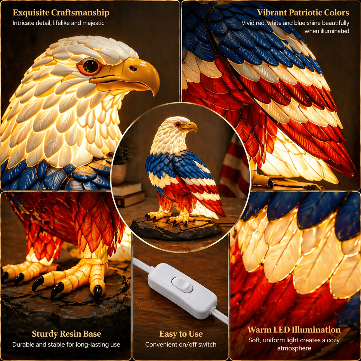 Eagle Night Light Boho Retro 3D Resin Animal Table Lamp – Stained Glass Style LED Bedroom Desk Lamp, Creative Home Decor Gift for Birthday Christmas