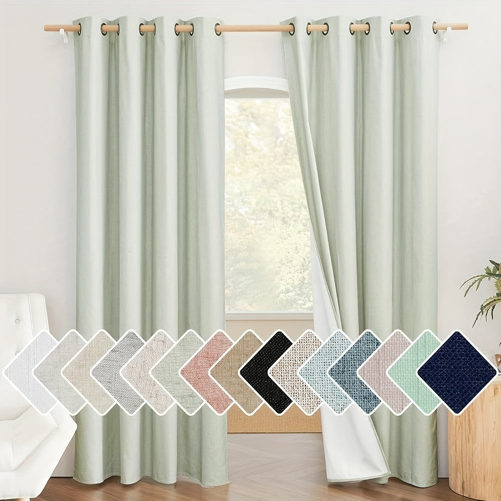 Linen Blackout Curtains 2 Panels 100% Farmhouse Grommet Top – Thermal Insulated Thick Window Drapes for Living Room Bedroom, 11 Colors 6 Sizes