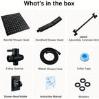 High Pressure Rainfall Shower Head & Handheld Combo 10/12 Inch Round or Square, 4-Spray Settings, 13-Inch Adjustable Arm, 78-Inch Hose & No-Drill Adhesive Holder – Chrome & Black