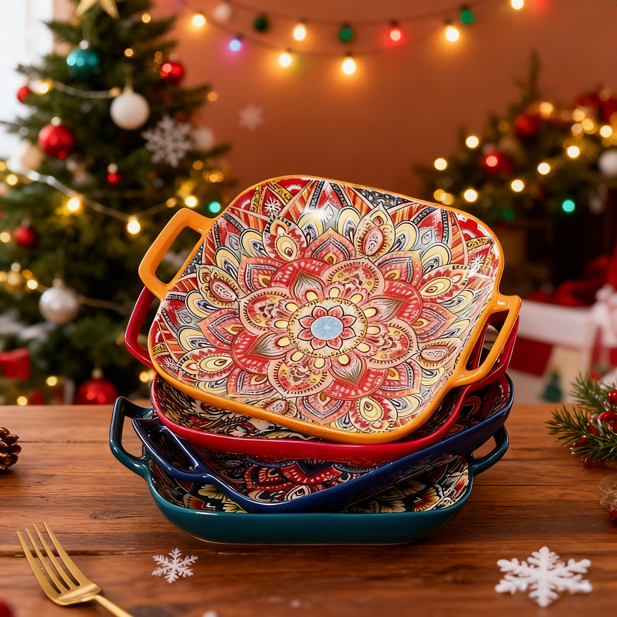 Bohemian Square Plate Set 4 Piece 9 Inch with Handles – Creative Ceramic Fruit & Pasta Dishes Microwave & Oven Safe – Aesthetic Boho Dinnerware Gift