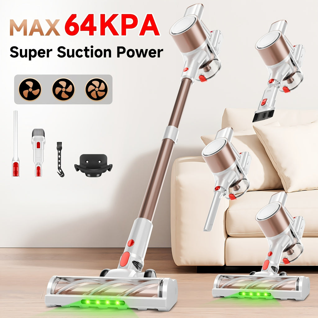 Cordless Vacuum Cleaner 54-64 KPA Lightweight with Anti-Tangle Brush, Removable Battery & Green LED – 45-Min Runtime for Carpet, Pet Hair, Hardwood Floors & Car Detailing