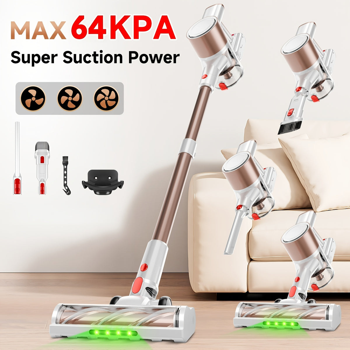 Cordless Vacuum Cleaner 54-64 KPA Lightweight with Anti-Tangle Brush, Removable Battery & Green LED – 45-Min Runtime for Carpet, Pet Hair, Hardwood Floors & Car Detailing