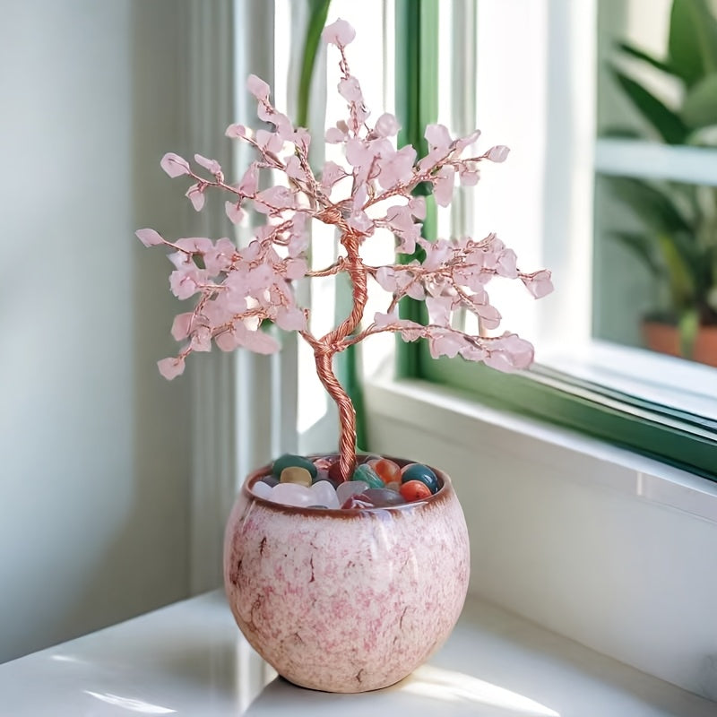 Crystal Christmas Tree Ornament 7 Inch with Ceramic Base | Pink Quartz Faux Gemstone Desktop Decor for Home Office, Birthday Valentine's Thanksgiving Gift, Colorful Indoor Decorative Tree