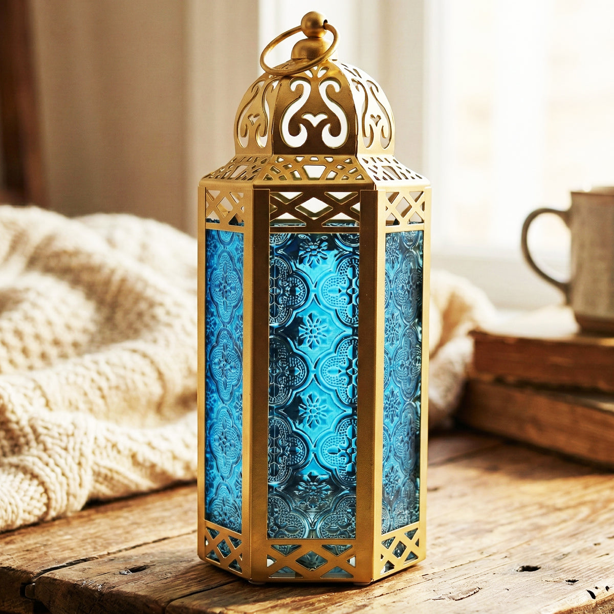 Moroccan Candle Lantern Holder Medium 10.5 Inch – Handcrafted Glass Iron Metal Lantern with Embossed Floral Panels, 17 Colors, Indoor Outdoor Use for Ramadan, Wedding, Patio, Diwali & Home Decor