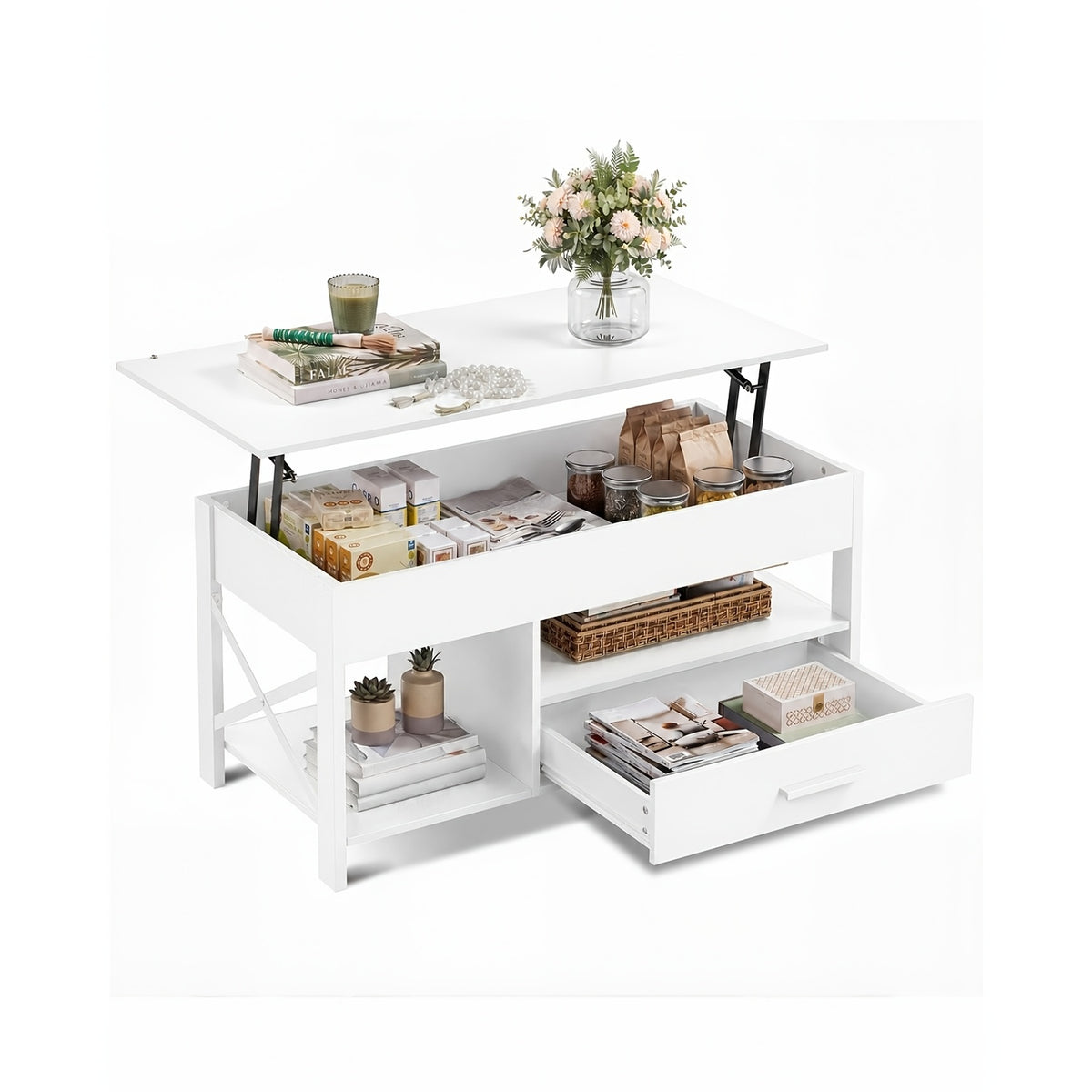 Lift Top Coffee Table with Storage Drawers & Hidden Compartment – Modern Wood Living Room Center Table, Space-Saving Multifunctional Design, 5 Colors