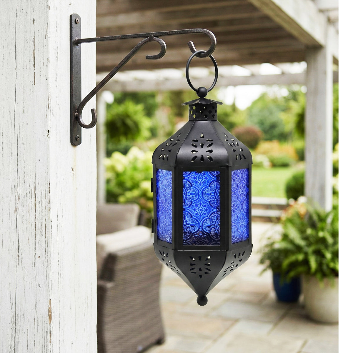 Moroccan Hanging Candle Lantern with Chain – Vintage Boho Style Iron & Glass Tealight Holder for Home, Patio, Garden, Wedding & Ramadan Decor (23.5" Overall)