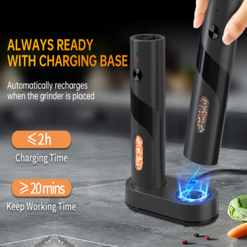 Electric Salt & Pepper Grinder Set USB Rechargeable with Charging Base, LED Grinding Light, Top-Fill Large Capacity – 1 or 2 Piece, Black & Green