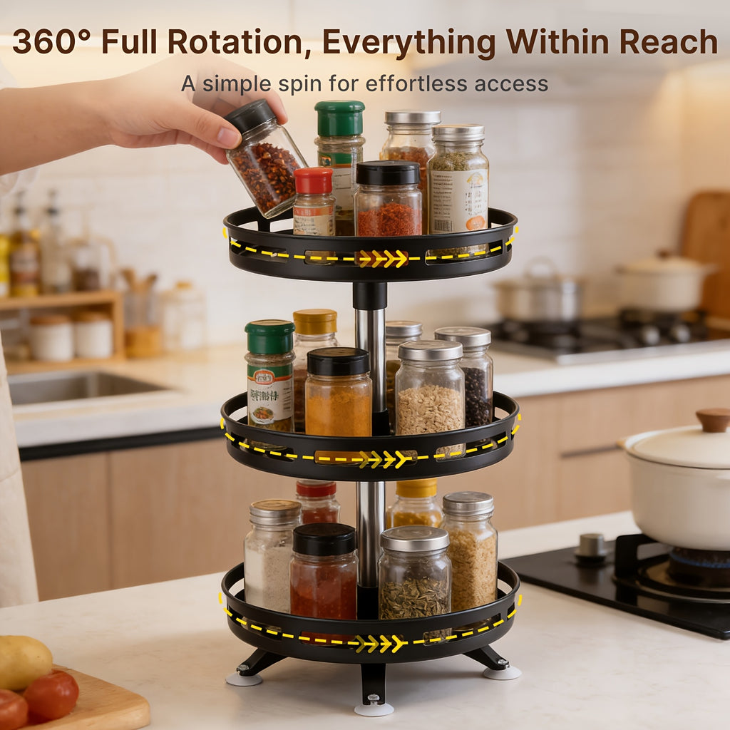 3 Tier Rotating Spice Rack Organizer Metal Turntable for Kitchen Countertop - Spinning Spice Jar Seasoning Storage Rack Black