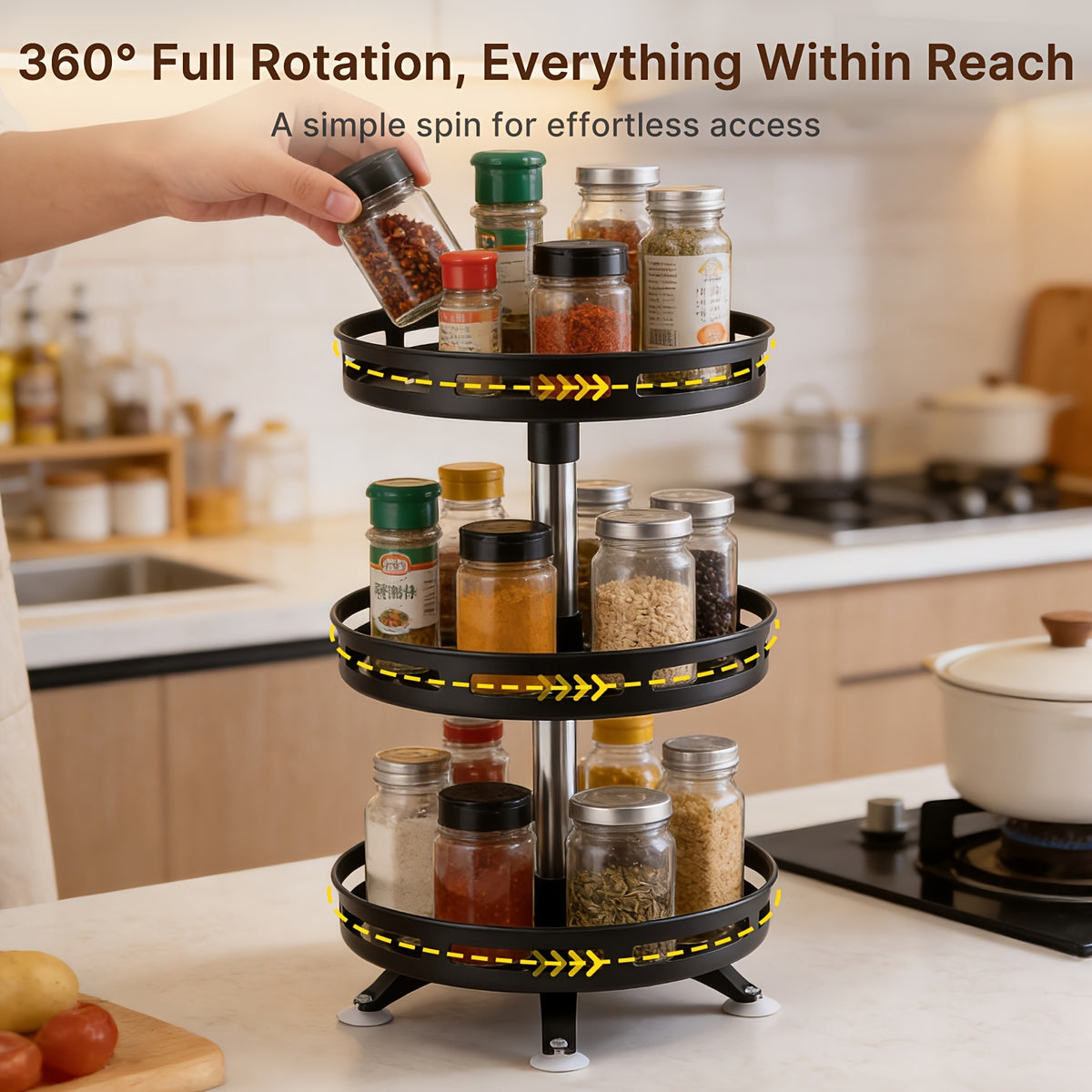 3 Tier Rotating Spice Rack Organizer Metal Turntable for Kitchen Countertop - Spinning Spice Jar Seasoning Storage Rack Black