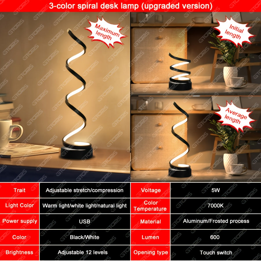 Spiral Adjustable Desk Lamp Vintage Style with Dimmable Warm Light, 3 Color Modes 10 Brightness Settings, Space-Saving Table Lamp for Bedroom Study & Living Room, 12V Safe Low Voltage, Gift for Friends & Family