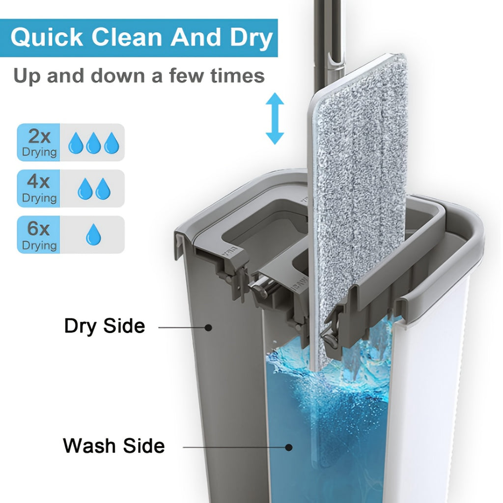 Hands-Free Flat Mop with Bucket 8-Piece Set Including 6 Microfiber Pads and Gloves, 360 Rotating Dry Wet Floor Mop for Bedroom Kitchen Bathroom, Household Cleaning Mop with Bucket Scraper and Wringer