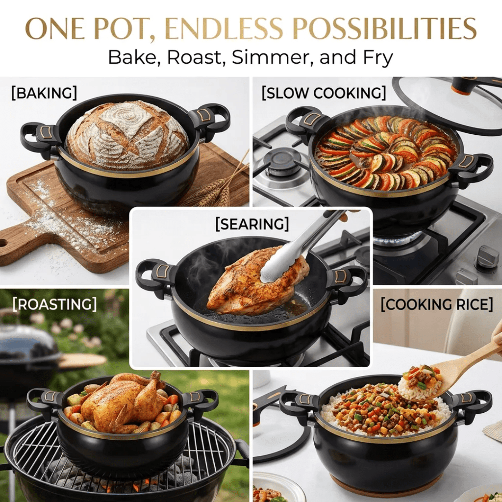 8.45QT Large Capacity Non-Stick Braiser Soup Pot with Twist-Lock Handle – Fast Even Heating, Gas Induction & Fire Pit Compatible for Home Restaurant & Camping