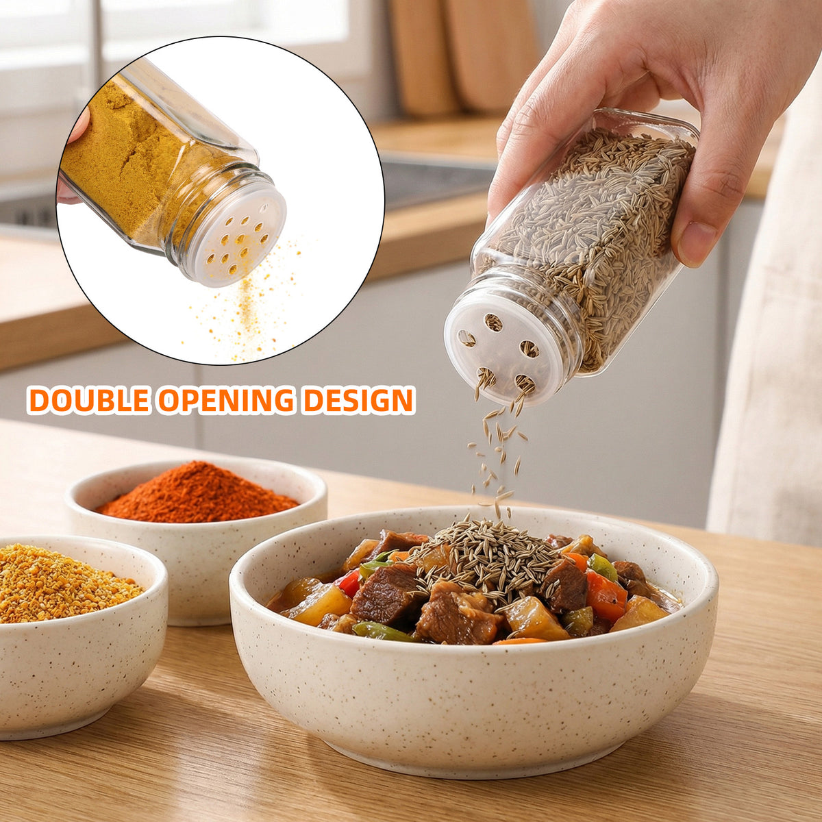 Glass Spice Jars Set with Acacia Wood Lids - 4oz Square Spice Bottles with Shaker Lids, Labels & Grinders for Kitchen Spice Storage and Organization