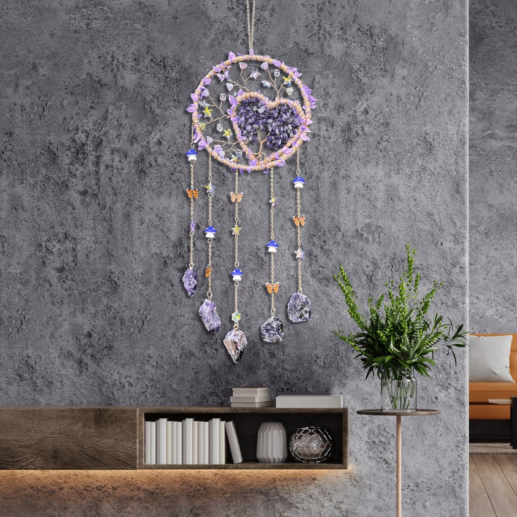 Bohemian Crystal Wall Hanging Decoration – Handmade Stone Beads, Colorful Gemstones, Heart & Circular Crystal Pendant Wind Chime – Boho Wall Decor Gift for Christmas, Mother’s Day & Thanksgiving