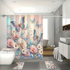 4pcs Flower Butterfly Shower Curtain Set 71x71 Inch with 12 Hooks Anti-Slip Bath Mat Toilet U-Shape Pad & Lid Cover - Complete Bathroom Set | Nuvia Haven