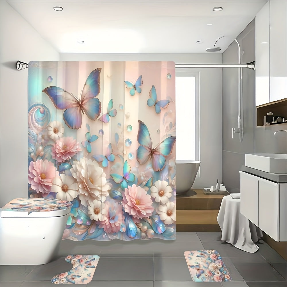 4pcs Flower Butterfly Shower Curtain Set 71x71 Inch with 12 Hooks Anti-Slip Bath Mat Toilet U-Shape Pad & Lid Cover - Complete Bathroom Set | Nuvia Haven