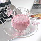 Borosilicate Glass Lotus Tea Cup with Plate 4.73oz – Heat Resistant Transparent Glassware, French Princess Style for Home, Office & Gifting