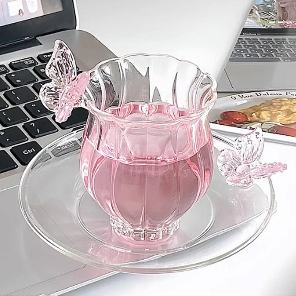 Borosilicate Glass Lotus Tea Cup with Plate 4.73oz – Heat Resistant Transparent Glassware, French Princess Style for Home, Office & Gifting