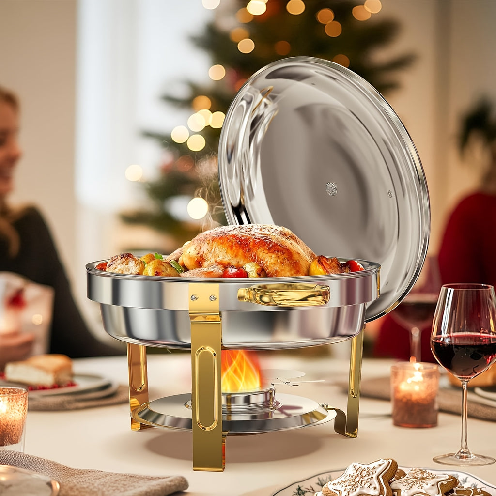 Stainless Steel Chafing Dishes for Buffet Round Food Warmer Set 5-9QT Catering Chafer with Lid for Parties Events Weddings Golden Silver 1 2 4 6 Pack