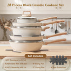 Granite Non Stick Pots and Pans Set 12 Piece Complete Cookware Kit with Frying Pans Casserole Saucepan & Lids – Induction Compatible Space-Saving for Camping RV Travel