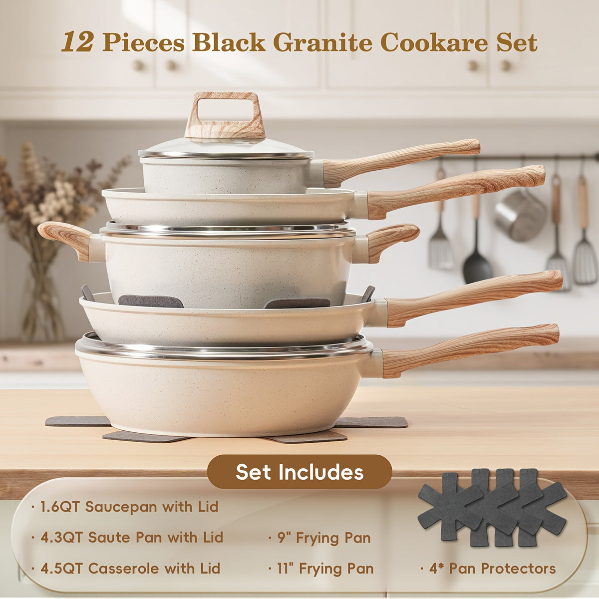 Granite Non Stick Pots and Pans Set 12 Piece Complete Cookware Kit with Frying Pans Casserole Saucepan & Lids – Induction Compatible Space-Saving for Camping RV Travel