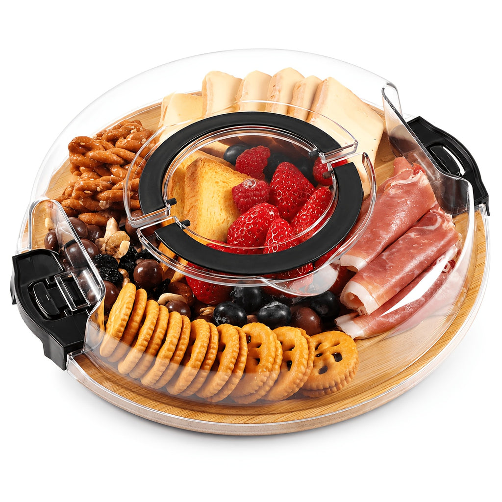 Bamboo Charcuterie Board with Clear Lid & 5 Compartments – Serving Platter Tray with Handle, Side Locks & Reusable Snack Board for Cheese, Fruit, Crackers, Appetizers, Party & Holiday Gatherings