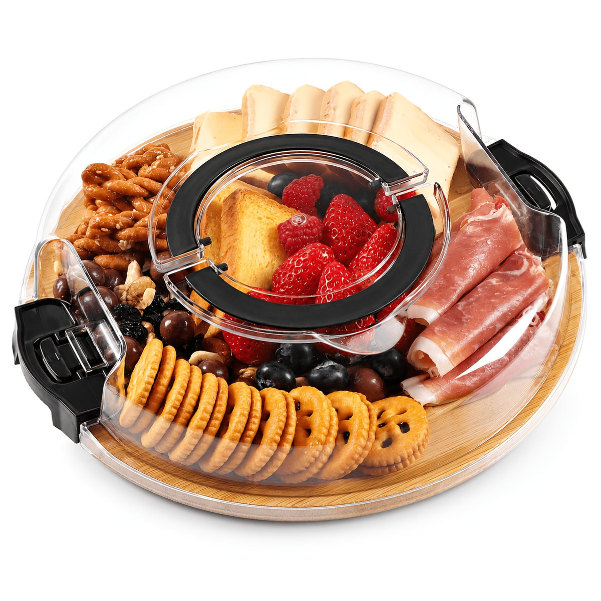 Bamboo Charcuterie Board with Clear Lid & 5 Compartments – Serving Platter Tray with Handle, Side Locks & Reusable Snack Board for Cheese, Fruit, Crackers, Appetizers, Party & Holiday Gatherings