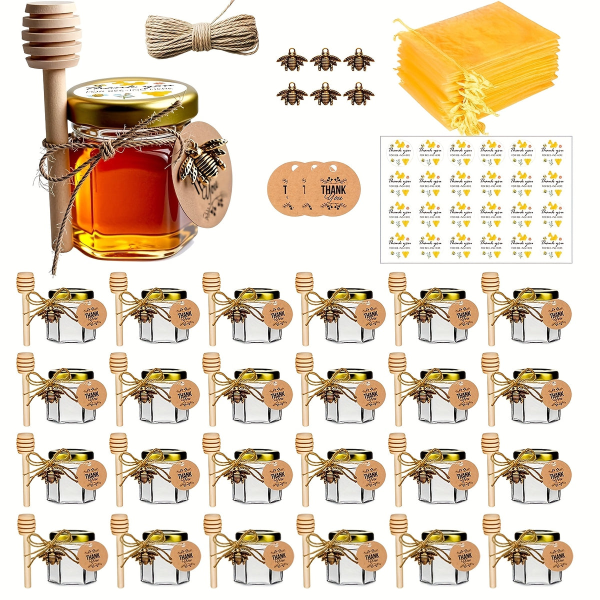Mini Hexagon Honey Jar Favor Set – 1.5oz Glass Jars with Golden Lid, Bee Charm, Honey Dipper & Gift Tags | 20-60 Pcs | Wedding, Baby Shower & Party Favors