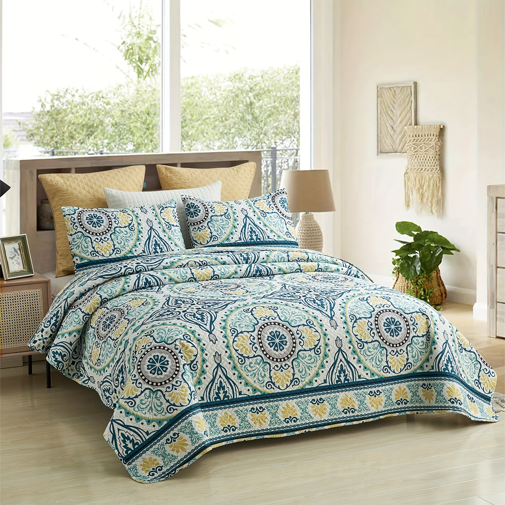 Patchwork Quilt Set 3-Piece Boho Reversible Coverlet Queen King Size Soft Lightweight Bedspread with 2 Pillow Shams All-Season Floral Stripes Bedroom Decor