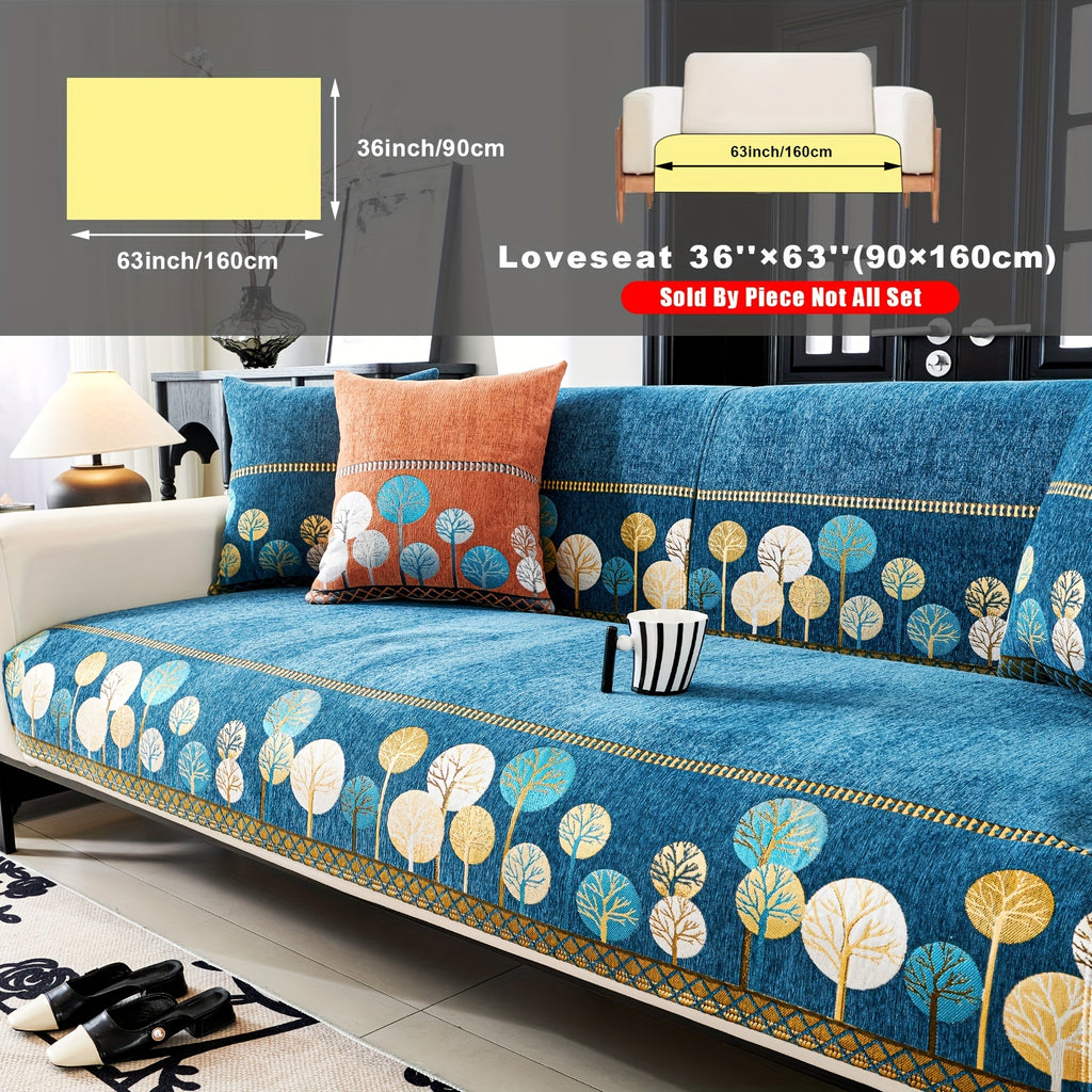 Bohemian Chenille Sofa Cover Tree Embroidery Print Thick Non-Slip Pet Friendly One-Piece Couch Protector Armchair Loveseat 3 4 Seater