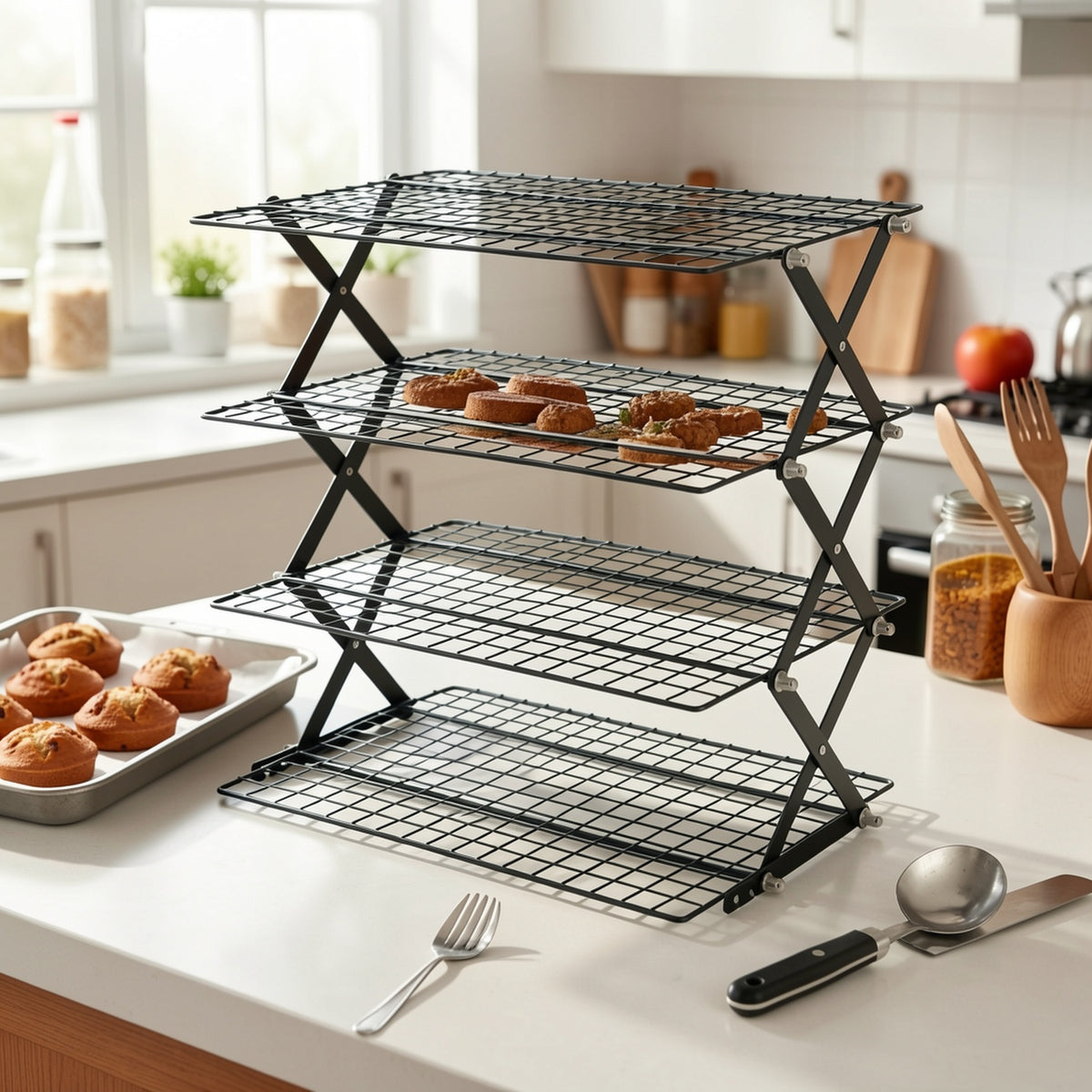 Foldable Cooling Rack 4-Tier Baking Wire Rack with 20pcs Parchment Paper – Collapsible Roasting Grilling Rack for Oven, Camping & Picnic