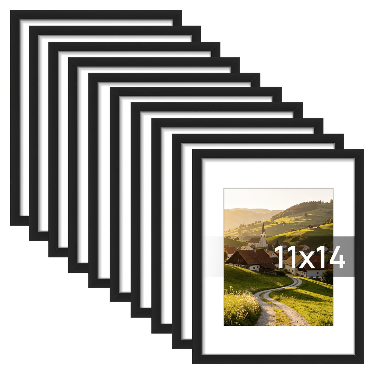 Black Picture Frames 11x14 Bulk Set 10pcs – Fits 8x10 with Mat or 11x14 Without, HD Acrylic Cover, Easy Wall Mounting, Multi Photo Frame Collage for Home, Office & Gallery Wall Display