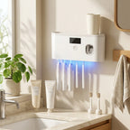 Wall Mounted Toothbrush Holder No Drill 4 Slot Bathroom Toothpaste and Toothbrush Storage Rack Modern Bathroom Organizer White Grey Space-Saving Bathroom Accessories