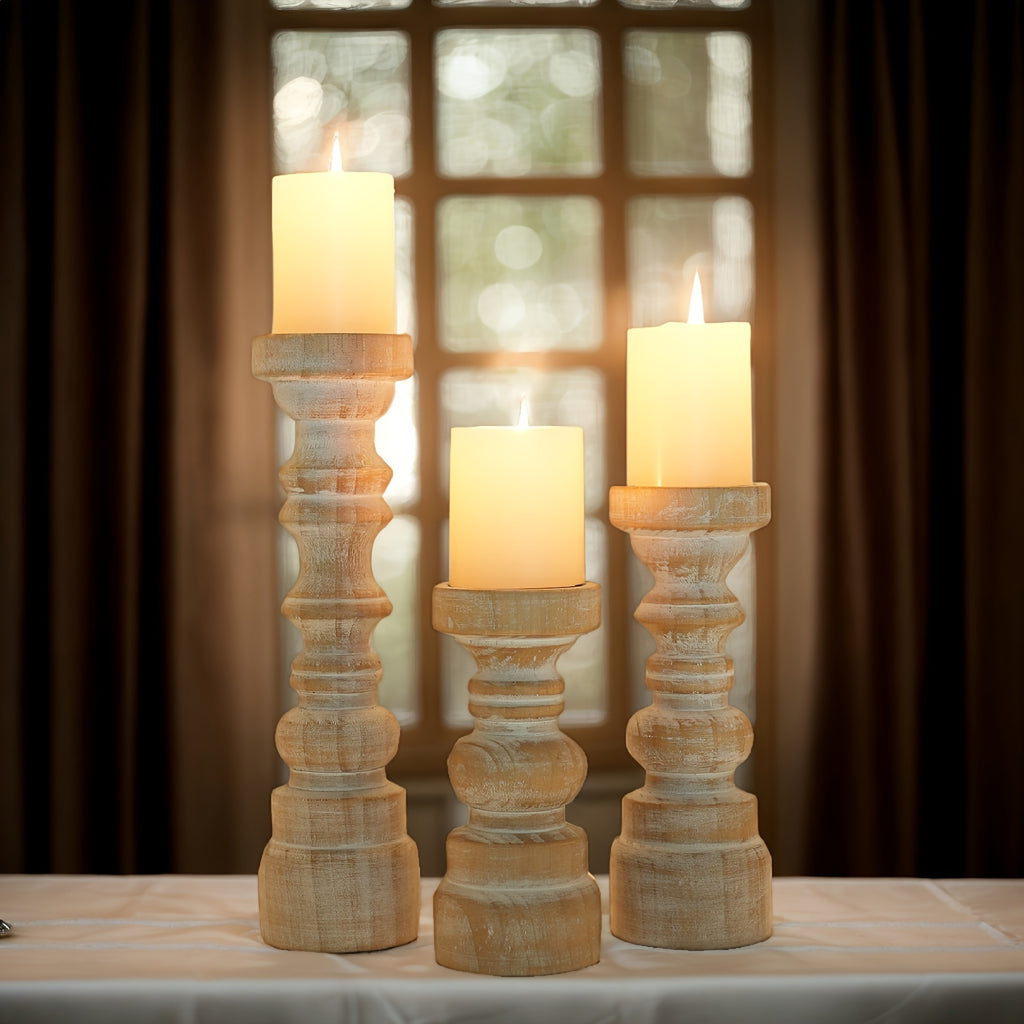 Rustic Wooden Pillar Candle Holders Set of 3 Farmhouse Style Table Centerpiece Coffee Table Fireplace Mantel Home Decor
