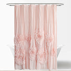 Ruffled Shower Curtain Farmhouse 72x72 - Handmade 3D Flower Vintage Ruched Fabric Bathroom Curtain, Victorian Romantic Luxury Decor, Black Pink Camel, Waterproof Microfiber 12 Holes