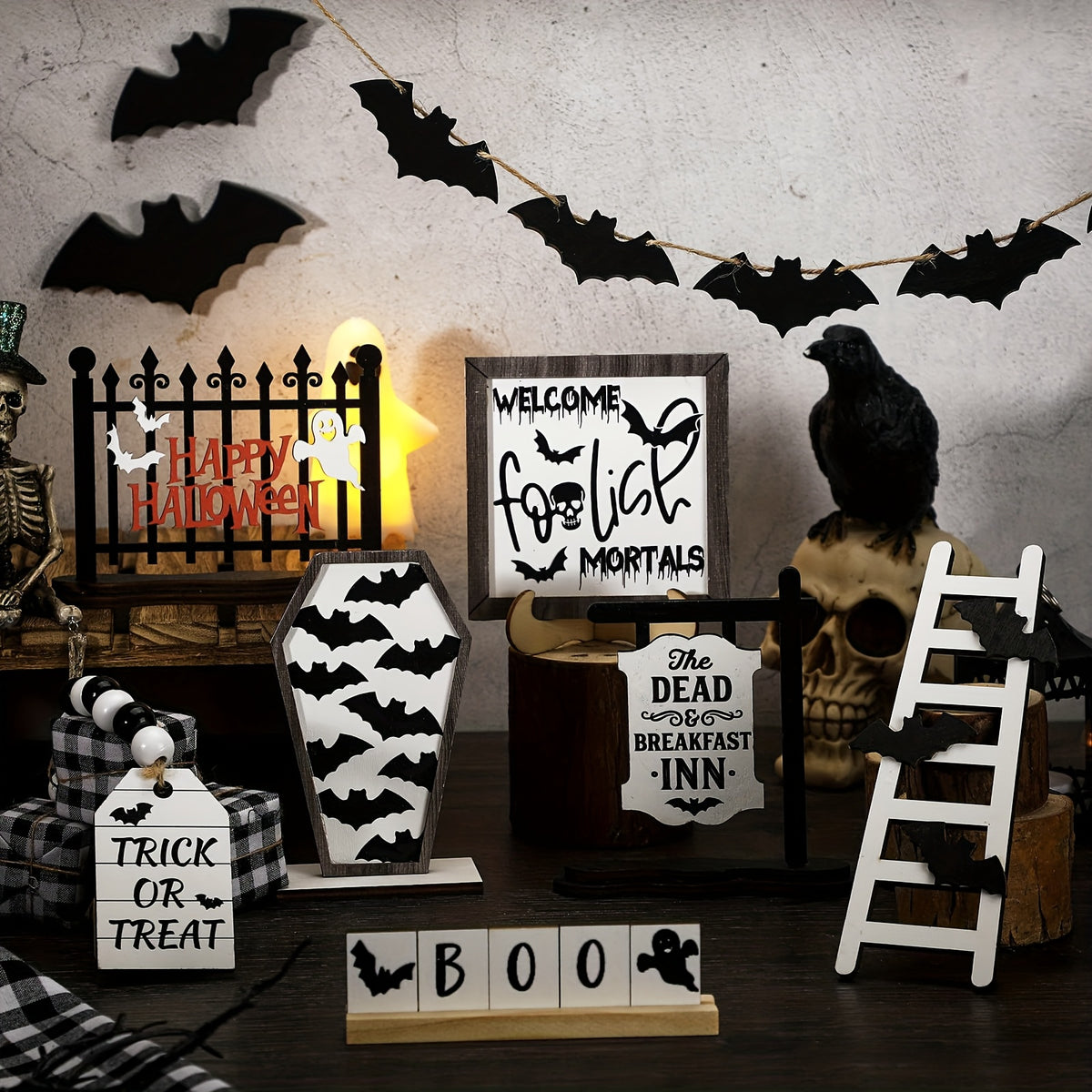 14-Piece Halloween Tiered Tray Decoration Set – Farmhouse Rustic Black & White Bat Wooden Signs for Table Kitchen Den Halloween Party