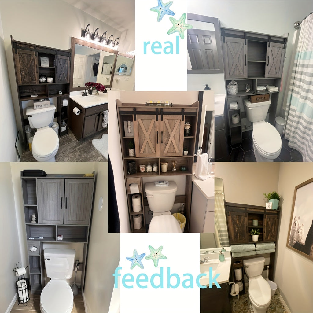 Farmhouse Over Toilet Cabinet with Sliding Doors Engineered Wood Adjustable Shelf Toilet Paper Holder Stand Space Saving Bathroom Storage No Wall Mount Multiple Colors