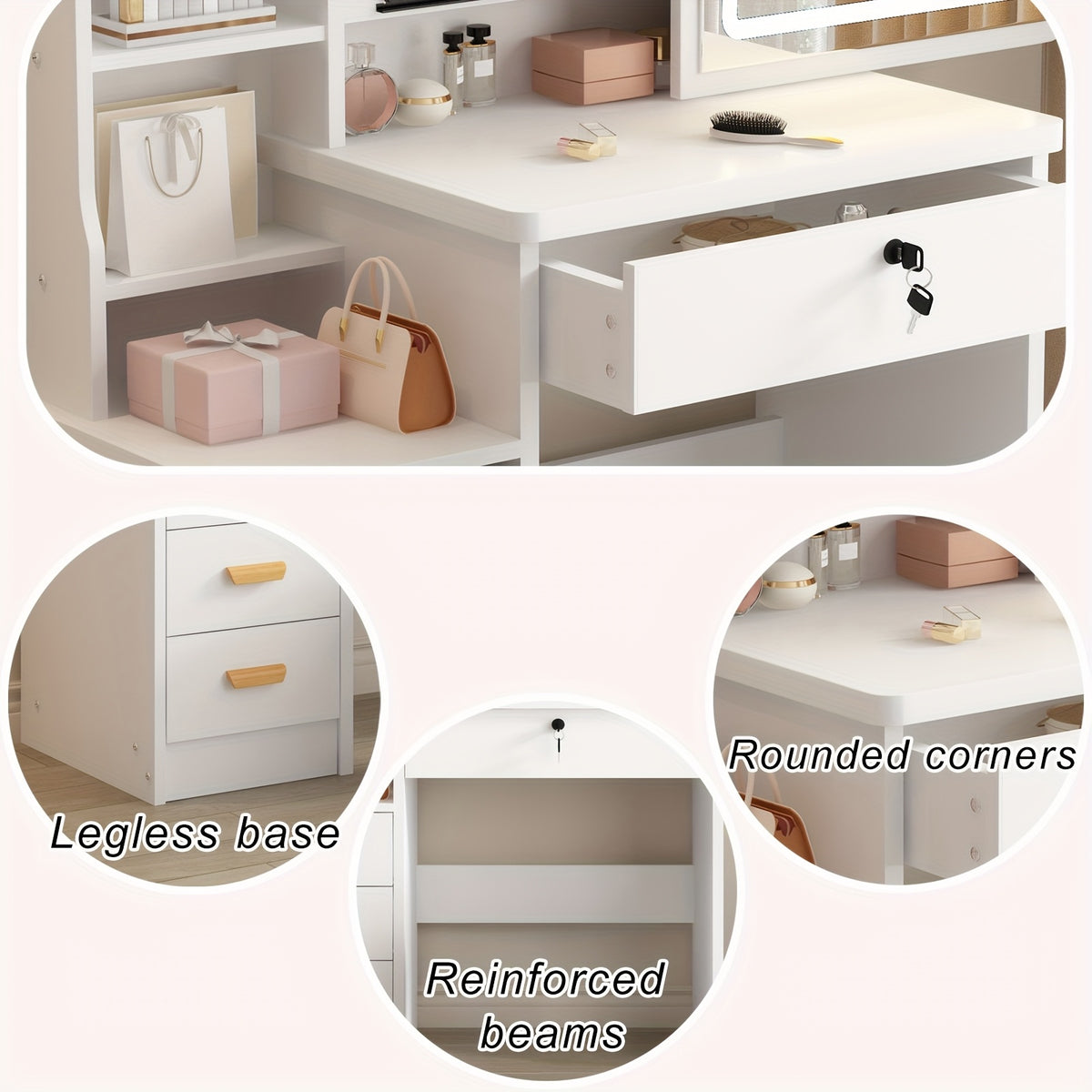 European Makeup Vanity Set with LED Lighting, Sliding Mirror, Drawers & Stool – 3 Color Modes Adjustable Brightness Bedroom Vanity Table White
