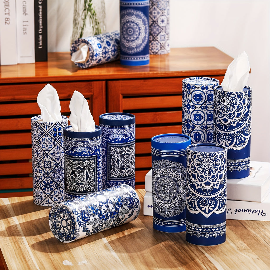 Mandala Round Car Tissue Box Holder 12 Pack, Decorative Cylinder Facial Tissue Container for Car Dashboard & Home, Boho Mandala Pattern Bulk Tissue Dispenser
