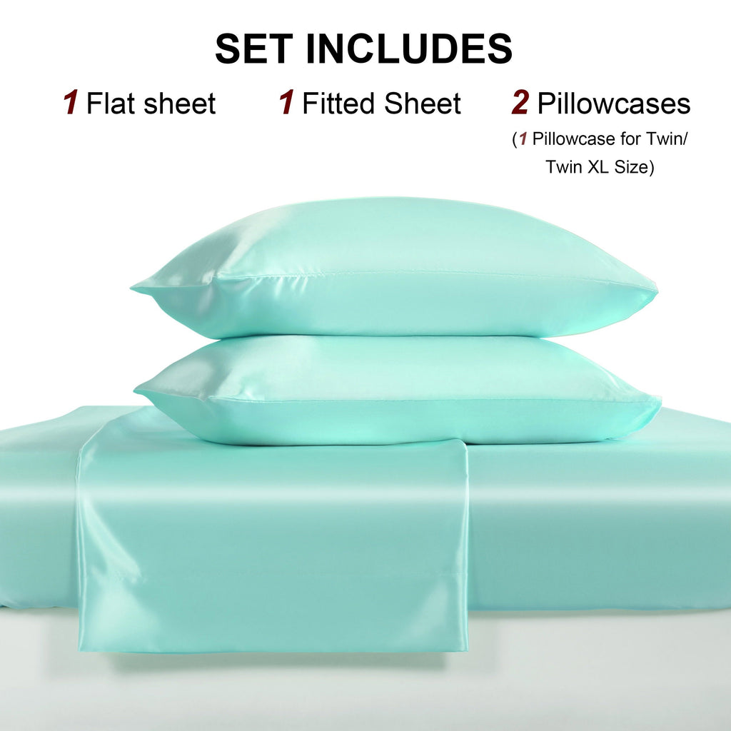 Cooling Satin Bed Sheet Set 4-Piece – Hypoallergenic Breathable Deep Pocket Flat & Fitted Sheet with Pillowcases, 300 GSM, 15 Colors, Twin to Cal King