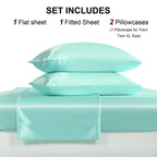Cooling Satin Bed Sheet Set 4-Piece – Hypoallergenic Breathable Deep Pocket Flat & Fitted Sheet with Pillowcases, 300 GSM, 15 Colors, Twin to Cal King