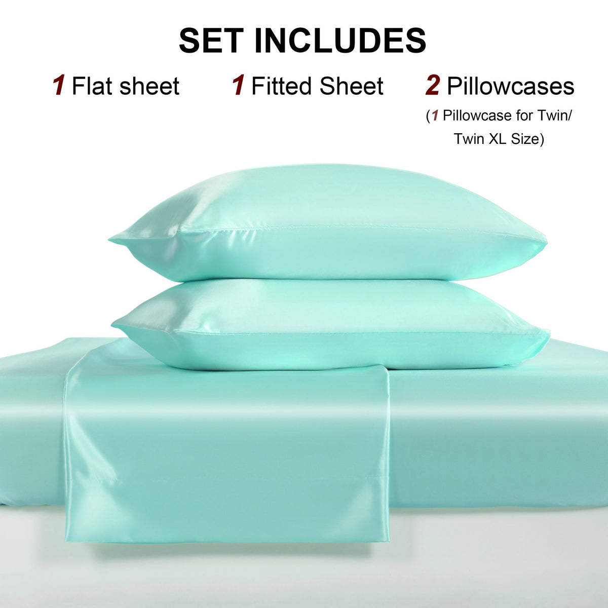 Cooling Satin Bed Sheet Set 4-Piece – Hypoallergenic Breathable Deep Pocket Flat & Fitted Sheet with Pillowcases, 300 GSM, 15 Colors, Twin to Cal King